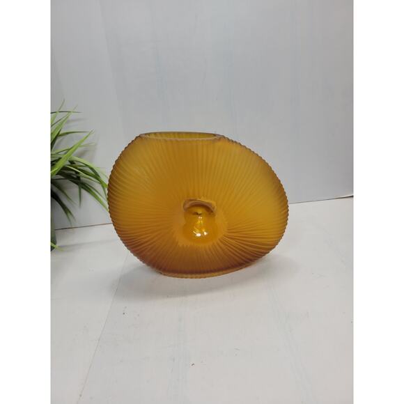 MCM Vintage Amber Ribbed Vase, Offset Oval Frosted Satin - Picture 3 of 5